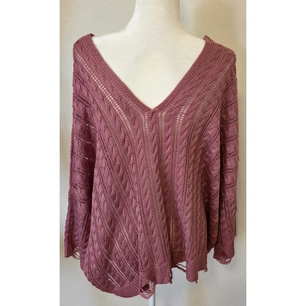 POL Pink V-Neck Cable Knit Oversized Sweater Women's Size Small